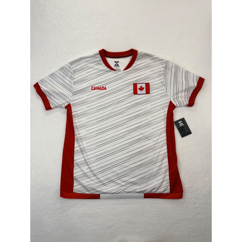 Striker Canada Soccer Jersey Mens Large White Red Grey Striped Canada Flag NWT